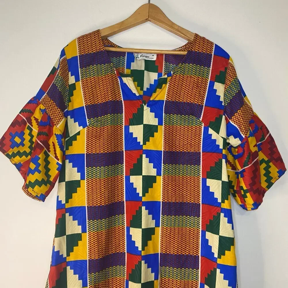 Lapogee African Print Kaftan Colorful Summer Dress Ruffles Size Medium Lagenlook